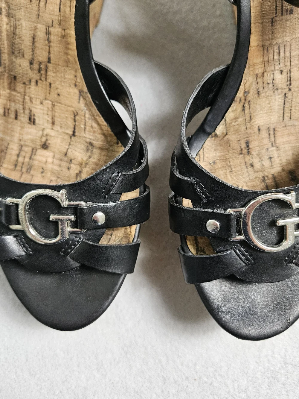 Guess Black Strappy Cork Platform Wedge Sandals Silver G Logo Size 8